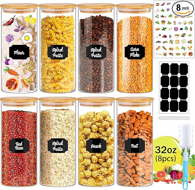 32 oz 8 Pcs Glass Jars with Bamboo Lids, Stackable Clear Food Storage Jars, Airtight Kichen Glass Pantry Storage Containers with Lids for Rice, Candy, Sugar, Flour, Nuts, Cookie, Coffee Bean-CasaMuseHome