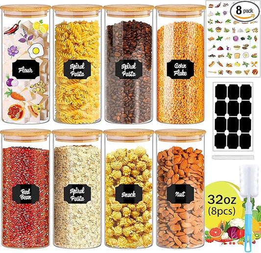 32 oz 8 Pcs Glass Jars with Bamboo Lids, Stackable Clear Food Storage Jars, Airtight Kichen Glass Pantry Storage Containers with Lids for Rice, Candy, Sugar, Flour, Nuts, Cookie, Coffee Bean-CasaMuseHome