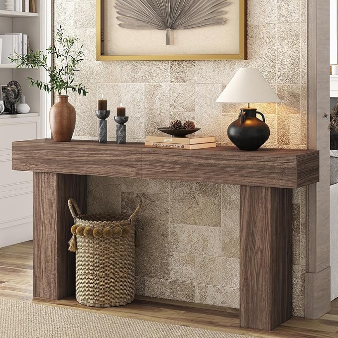 63 Inch Long Console Table for Entryway, Farmhouse Wood Rectangular Sofa Table Behind Couch Table, Narrow Entryway Table for Living Room, Entrance, Hallway, Foyer, Easy Assembly (Brown)-CasaMuseHome