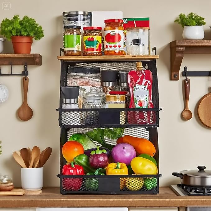 1 SET Large fruit basket for kitchen counter-stackable basket with Bamboo Tops & Tag,hanging wall baske,for Cabinet Shelf Countertop pantry storaget, onion potato Vegs Bread Food Organizing Bin,BLACK-CasaMuseHome