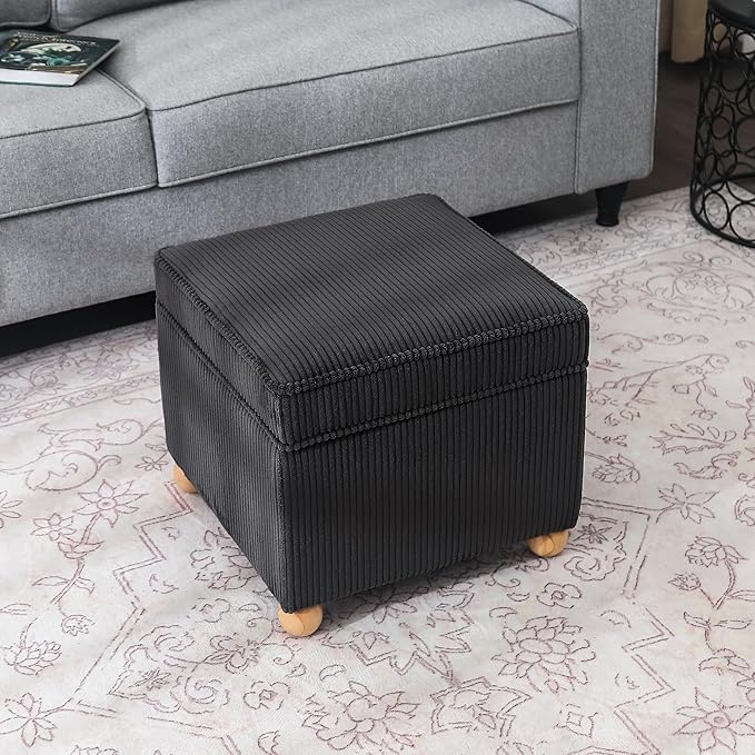 Adeco 17 Inch High Striped Flannel Black Cube Ottoman Storage, 3D Embossed Velvet Chair Foot Stools, Upholstered Vanity Stool with Hinged Lid, Solid Round Wood Legs-CasaMuseHome