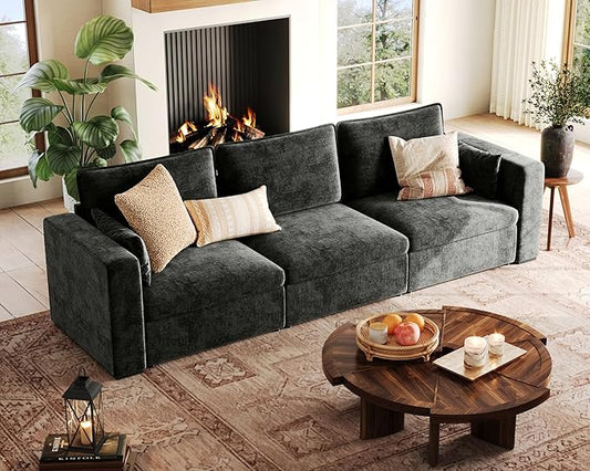 124.8'' Oversized Modular Sofa Comfy Cloud Couch with Storage, Extra Wide Sectional Sofa for Living Room, Covers Washable, 3-Seater, Chenille, Black-CasaMuseHome