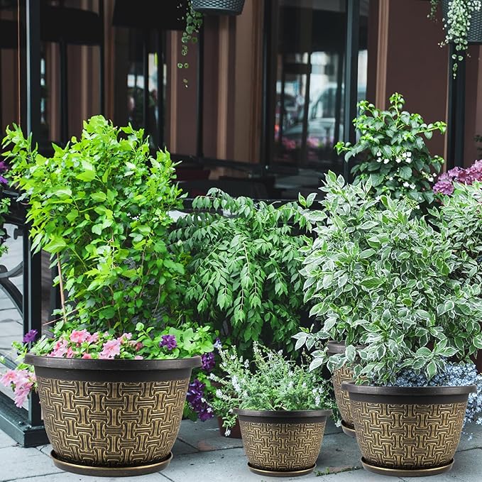 4 Pack 16 Inch Planter,Large Plastic Flower Pots Outdoor Indoor with Drainage Holes & Trays, Retro Antique Imitation Decorative Garden Plant Pots Outdoor for Houseplants-CasaMuseHome