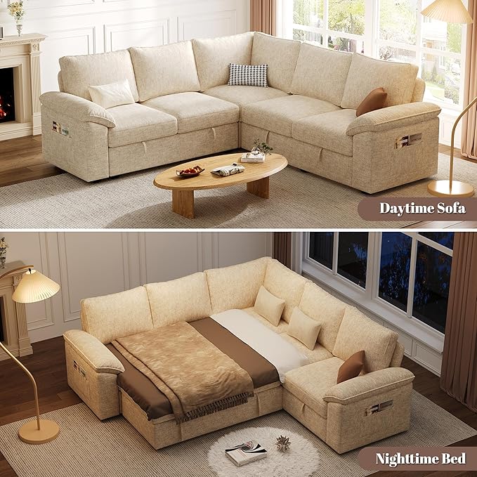 85 Inch Sectional Sleeper Sofa with Pull Out Bed,L Shaped 5 Seat Modular Sectional Sofa with Storage,Sectional Couches for Living Room,Cloud Modular Couch,Removable Sofa Cover,Beige-CasaMuseHome