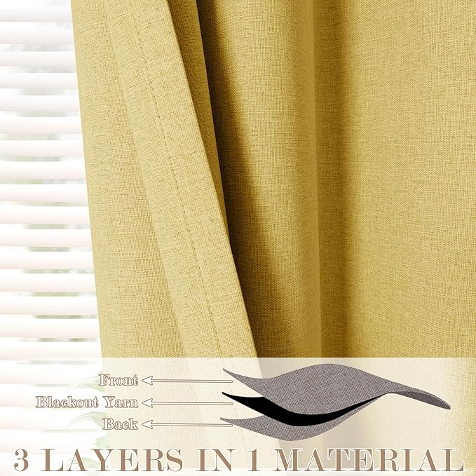 100% Blackout Linen Textured Drapes for Bedroom Pinch Pleated Curtains for Track System Portable Drapery for Sliding Glass Door/Storage/Space Room Divider, 70" Wx102 L, 1 PC, Yellow-CasaMuseHome