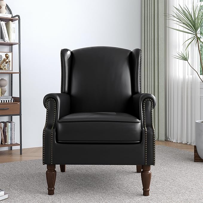 Accent Chair, Faux Leather High Back Armchair or Living Room, Comfy Upholstered Single Sofa Reading Chair with Solid Wood Legs for Office, Bedroom, Waiting Room-Black-CasaMuseHome