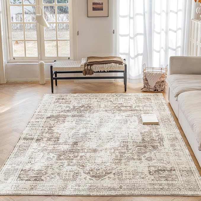 5'x7' Area Rug - Vintage Persian Medallion Design Low-Pile Faux Wool Rug, Non-Slip Backing, Machine Washable, for Living Room, Dining Room, Bedroom (Cream/Taupe)-CasaMuseHome