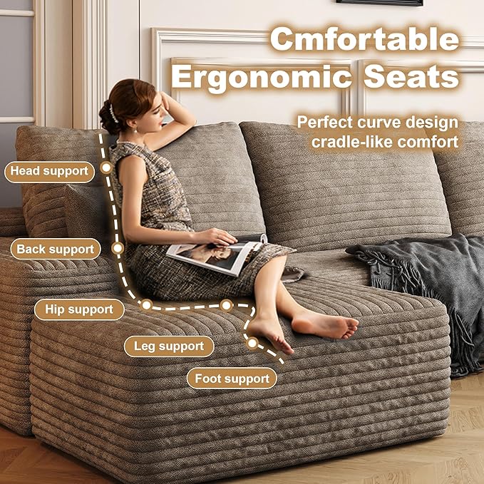 108" Sectional Couches for Living Room Modern Modular Sofa with L-Shape Couchs Upholstered Boneless Couch Deep Seat Sectional Couch with Chaise (Camel, Right Facing Chaise+2Seaters+1Ottoman)-CasaMuseHome