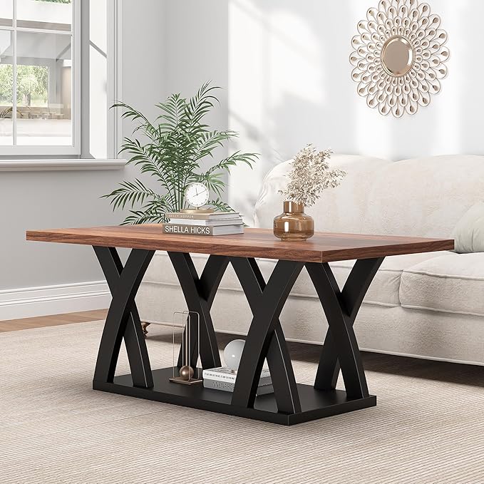 47” Wood Coffee Tables for Living Room Rustic Stands with Storage Shelf Black Blown Coffee Tables for Living Room Farmhouse Center Stands with Shelf. Farmhouse Rectangle Center Table-CasaMuseHome