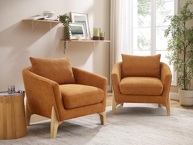 Accent Chair 31" Oversized Reading Chair Comfy Upholstered Boucle Lounge Armchair, Modern Living Room Chair with Back Pillow,Single Sofa Chair for Bedroom, Office (Curry)-CasaMuseHome