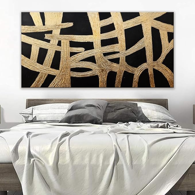 Abstract Wall Art Paintings Wall Decor Large Canvas Wall Art Decor Black And Gold Lines Texture Wall Art Artwork Modern Minimalist Wall Art Living Room For Room Bedroom Office Wall Decor 29"X58"-CasaMuseHome