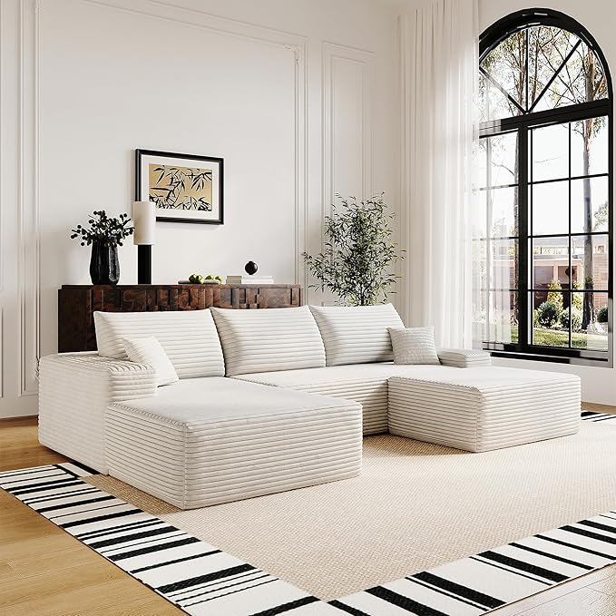 108" Sectional Couches for Living Room Modern Modular Sofa with L-Shape Couchs Upholstered Boneless Couch Deep Seat Sectional Couch with Chaise (White, Left Facing Chaise+2Seaters+1Ottoman)-CasaMuseHome