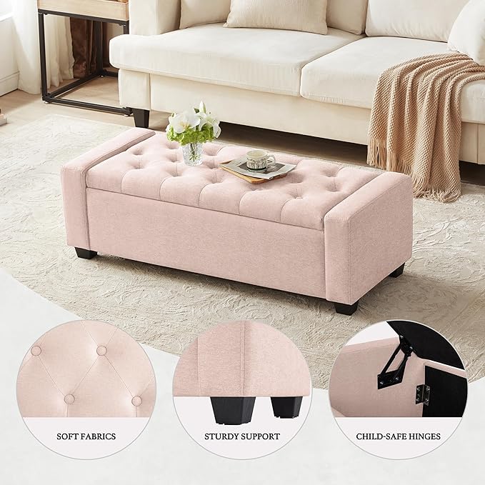 48" Ottoman with Storage, Pink Storage Ottoman Bench with Safety Hinge, Upholstered Entryway Bench with Seating for Bedroom, Living Room, Holds up to 330 lb-CasaMuseHome
