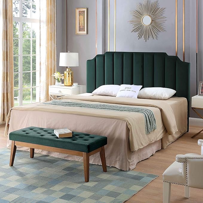 24KF Jade Velvet Tufted King Upholstered Headboard, Modern Vertical Channel Design California King Headboard with Stepped Silhouette Top Edge,Jade-CasaMuseHome