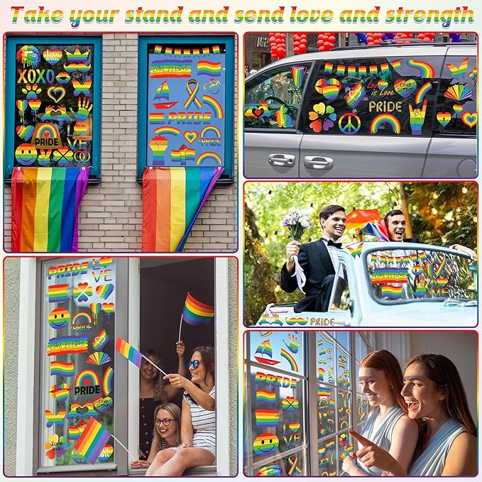 9 Sheets LGBT Rainbow Window Clings, Pride Decorations Window Cling, Gay Love Heart Stickers, Double-Side Pride Wall Clings Decals for Pride Day LGBTQ Rainbow Party Parades Supplies Decor-CasaMuseHome