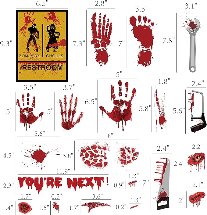 173PCS Halloween Bloody Footprints Floor Clings Plus Tattoos - Hallowmas Handprint Zombie Restroom Sign Decals Party Decorations-CasaMuseHome