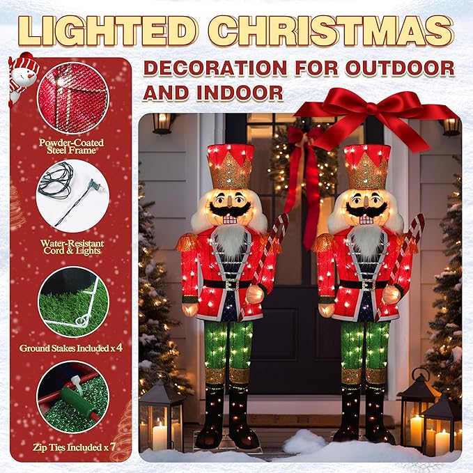 5FT Lighted Nutcracker with Candy Cane for Christmas Decoration, 3D Pre-Lit Iridescent Soldier Xmas Decor with 100 Warm White Lights, Glittered Standing Holiday Display for Outdoor, Indoor-CasaMuseHome