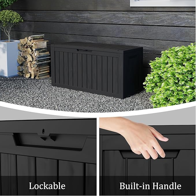 90 Gallon Lockable Resin Deck Box with Wheels, Waterproof & UV-Resistant Outdoor Storage Box for Outdoor Cushion Storage, Garden Tools & Pool Accessories Storage, Black-CasaMuseHome