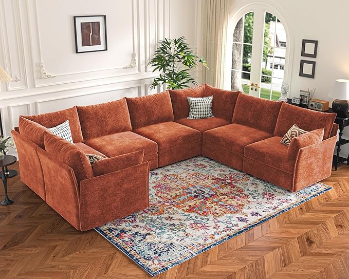 136.4" Oversized Modular Sectional Sofa, U Shaped Convertible Couch with Movable Ottoman, Large 7 Seat Corner Couches for Living Room Deep Seat Terracotta Orange Chenille-CasaMuseHome