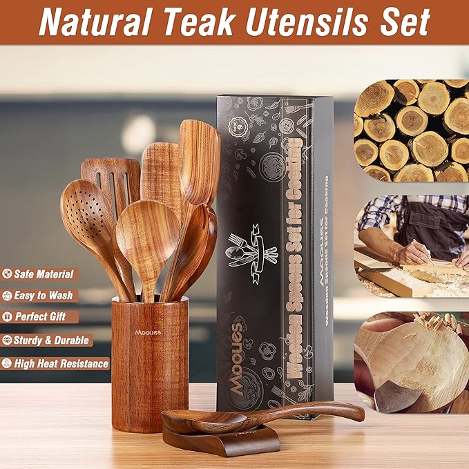 9 Piece Natural Teak Wooden Kitchen Utensil Set with Spoon Rest - Comfort Grip Cooking Spoons and Utensils Holder-CasaMuseHome