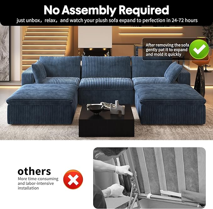 118" U Shaped Modern Sofa Modular Sectional Cloud Couch with 2 Ottoman,Upholstered Couches with Plush Corduroy Fabric for Living Room Furniture,Bedroom and Apartment,No Assembly Required,Blue-CasaMuseHome