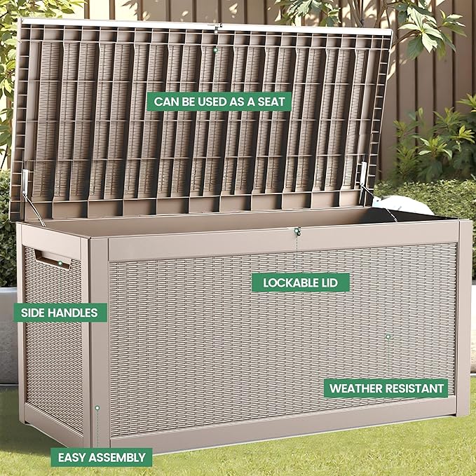 260 Gallon Storage Box, Waterproof Resin Deck Box with Steel Support & Hydraulic Rod, Lockable Storage Bench for Indoor & Outdoor Use, Storage Bin for Patio Cushions, Garden Tools, Grey-CasaMuseHome