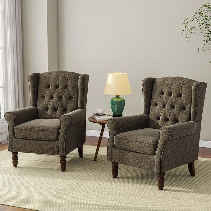 Accent Chair, Upholstered Armchair with Button Tufted High Back & Solid Wood Legs, Comfy Wingback Reading Single Sofa Chair for Small Spaces, Living Room, Bedroom (Taupe, Set of 1)-CasaMuseHome