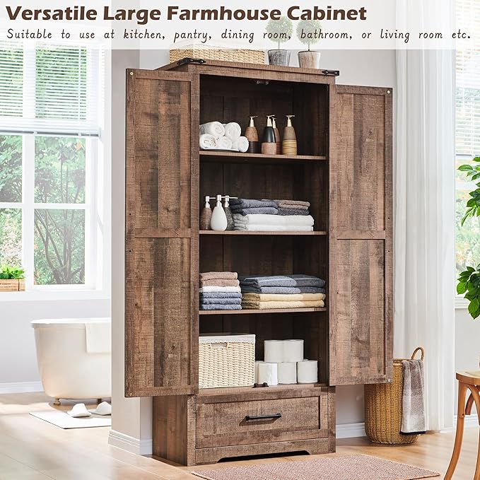 72" Tall Wood Storage Cabinet, Farmhouse Kitchen Pantry Cabinet with Adjustable Shelves & Drawer & Barn Doors, Versatile Storage for Kitchen, Dining Room, Bathroom, Light Brown-CasaMuseHome
