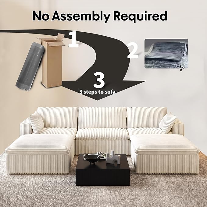118" U Shaped Modern Sofa Modular Sectional Cloud Couch with 2 Ottoman,Upholstered Couches with Corduroy Fabric for Living Room Furniture,Bedroom and Apartment,No Assembly Required,White-CasaMuseHome