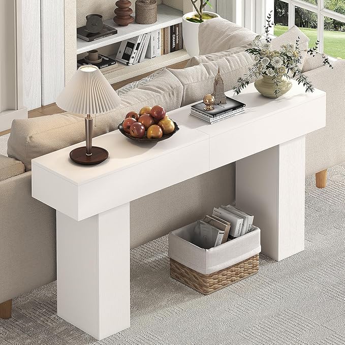 63 Inch Long Console Table for Entryway, Farmhouse Wood Rectangular Sofa Table Behind Couch Table, Narrow Entryway Table for Living Room, Entrance, Hallway, Foyer, Easy Assembly (Classic White)-CasaMuseHome