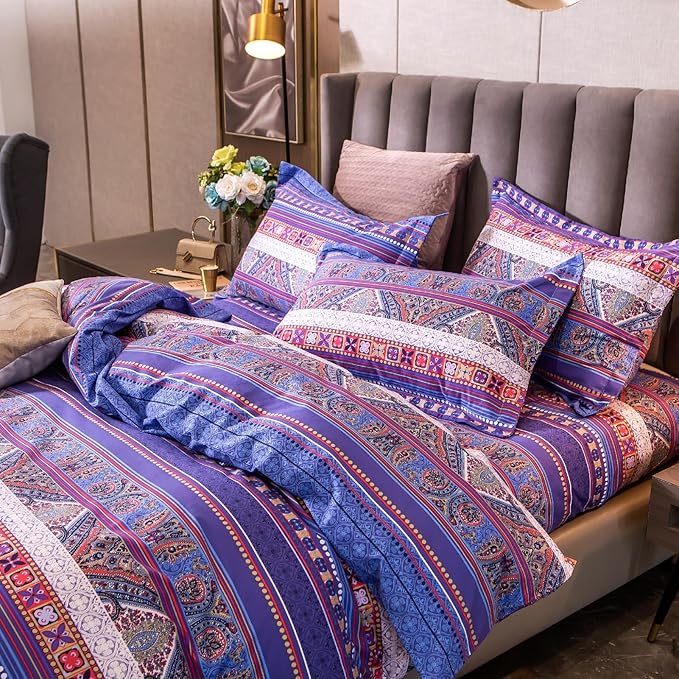 ABREEZE Bohemian Vintage Twin Size Floral Cotton Bedding Set 3Pcs Duvet Cover Set Boho Purple Paisley 100% Egyptian Brushed Cotton Reversible Home Bedding Collection-CasaMuseHome