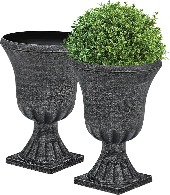 22" Timeless Urn Planters for Outdoor Plants, Set of 2 Plastic Large Flower Pot with Handmade Washed Black Finish, Weather-Resistant for Porch, Garden, Patio or Indoor Use-CasaMuseHome