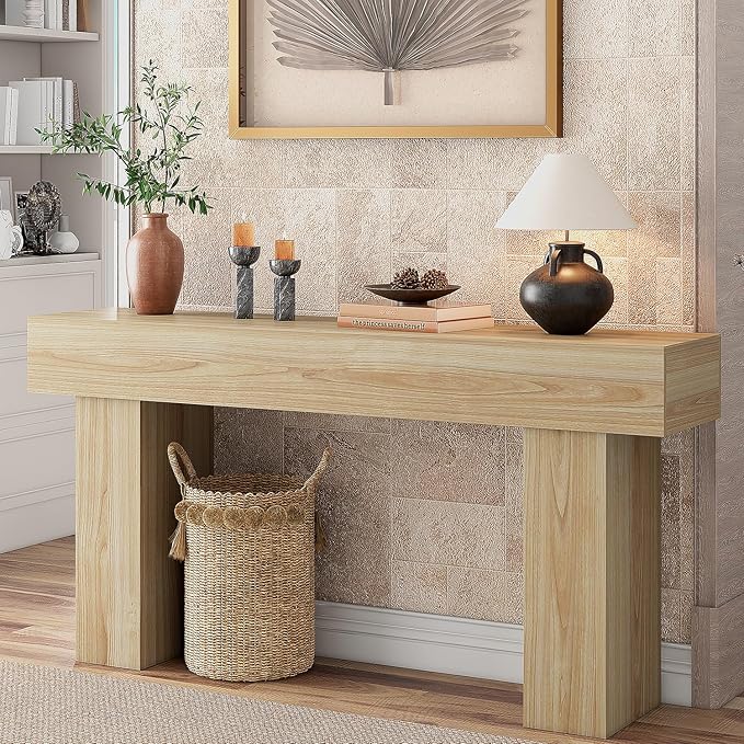 63 Inch Long Console Table for Entryway, Farmhouse Wood Rectangular Sofa Table Behind Couch Table, Narrow Entryway Table for Living Room, Entrance, Hallway, Foyer, Easy Assembly (Natural)-CasaMuseHome