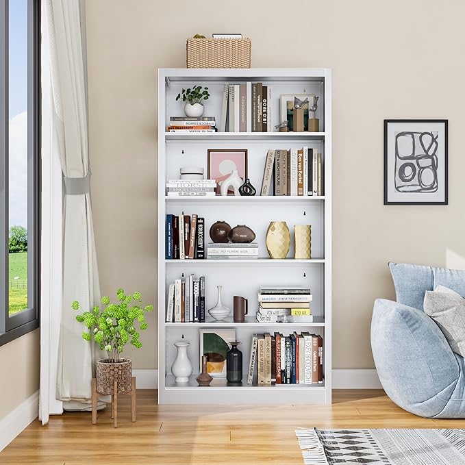 66" Tall Metal Bookcase, 5 Shelf White Bookcase with Adjustable Shelves, Large Bookshelves and Bookcases, Modern Book Shelf Storage Organizer for Living Room, Home Office, Library-CasaMuseHome