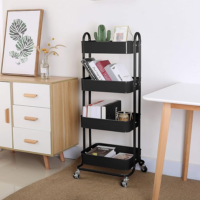 4-Tier Metal Mesh Utility Rolling Cart Storage Organizer Shelf Rack with Lockable Wheels for Living Room Kitchen Office, Black-CasaMuseHome