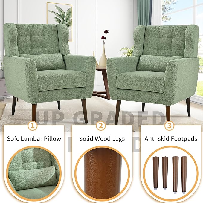Accent Chair Set of 2, Upholstered Armchair with Pillow, Teddy Single Sofa Chair with Lounge Seat and Wood Legs for Living Room Small Spaces-CasaMuseHome