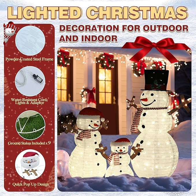 4FT Pop-Up Snowman Family, Pre-Lit Holiday Decoration Sign with 270 LED Lights, Customized Placement Holiday Display for Indoor, Outdoor-CasaMuseHome