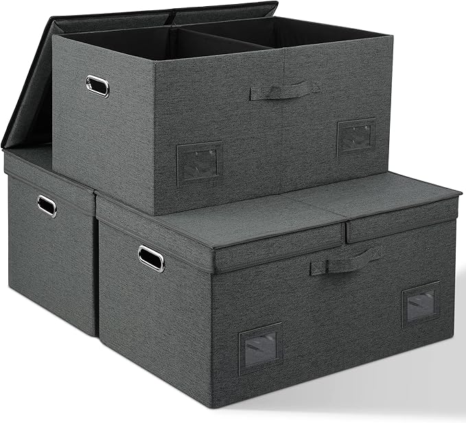 75 Quarts Extra Large Decorative Storage Bins with Lids, 3 Packs Dark Gray Collapsible Storage Bins with Lids, Stackable Storage Bins Decorative Box Storage With Lid Extra Large-CasaMuseHome