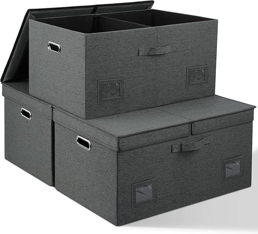 75 Quarts Extra Large Decorative Storage Bins with Lids, 3 Packs Dark Gray Collapsible Storage Bins with Lids, Stackable Storage Bins Decorative Box Storage With Lid Extra Large-CasaMuseHome