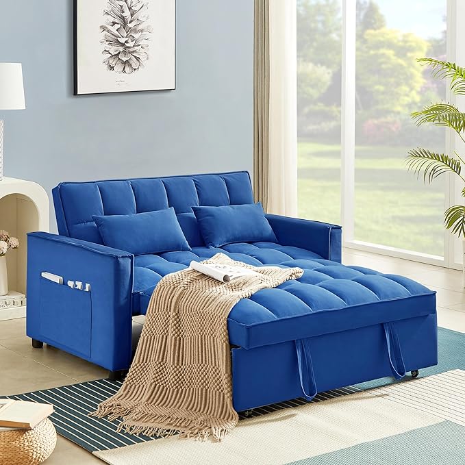 3 in 1 Convertible Sleeper Sofa Bed,Futon Loveseat Couch with Pull-Out Bed & Adjustable Backrest,Velvet Fabric Sofa with Side Pocket for Small Apartment, Living Room, Office (Blue)-CasaMuseHome