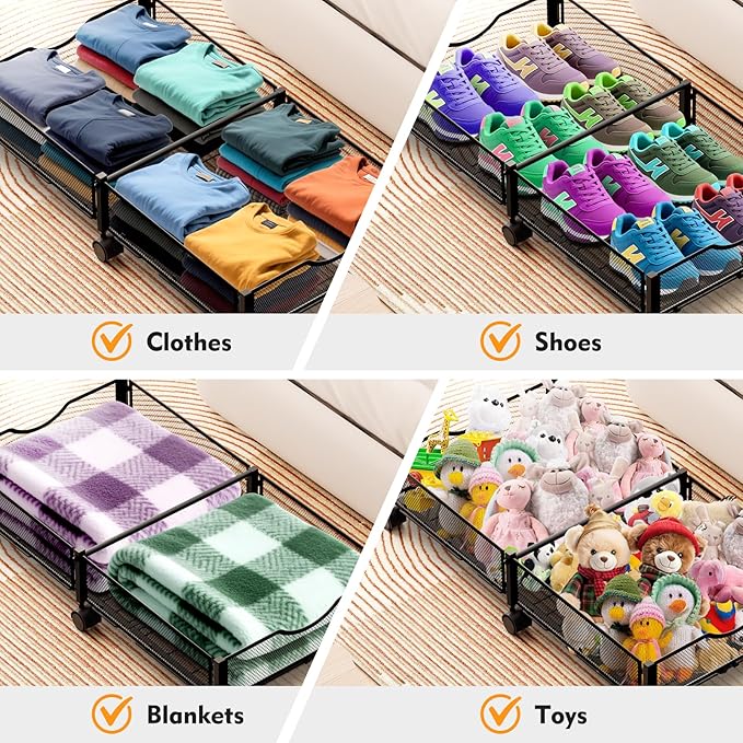 2 Pack Under Bed Storage with Wheels, 36" Lengthen Underbed Storage Containers with Lids, Large Capacity Under Bed Shoe Storage, Metal Clothes Organizer, Storage Box for Clothing Shoes Blankets Sheet-CasaMuseHome