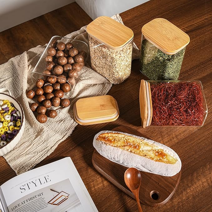 37oz Rectangle Airtight Glass Storage Containers with Bamboo Lids (Set of 4), Square Food Storage Jar, Pantry Organizers for Cereal, Nuts, Snacks and Coffee beans (‎with Black Lable)-CasaMuseHome