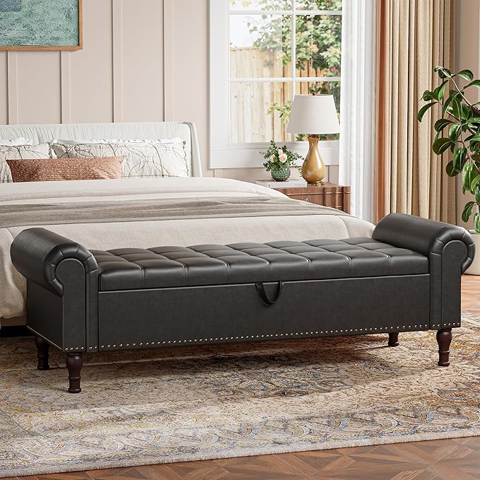 60" Storage Ottoman Bench for Bedroom, Full Queen Storage Bench with Button, Upholstered Bedroom Bench with Rolled Arms for Living Room, Storage Room, Entryway, Black-CasaMuseHome