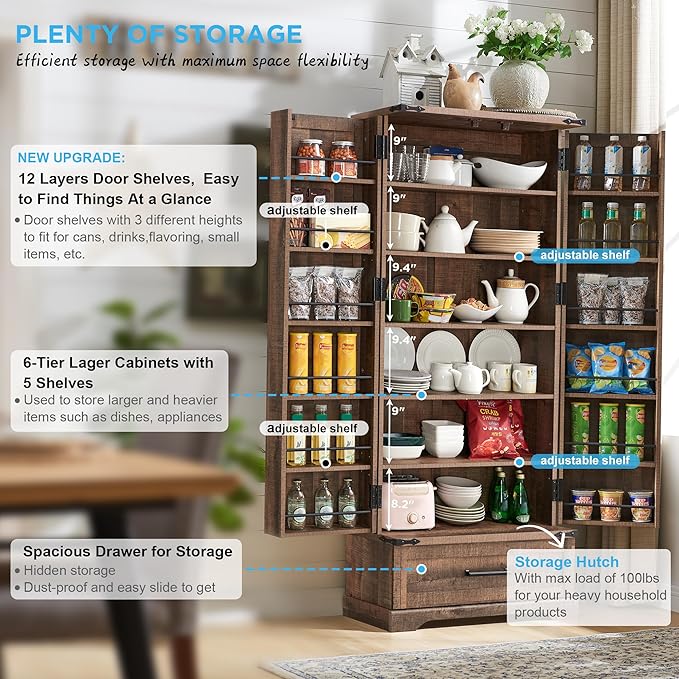 72" Farmhouse Kitchen Pantry Cabinet With Drawer, Tall Storage With 2 Barn Doors and Shelves, Versatile Large Rustic for Dining Room, Bathroom, Living Room, Rustic Brown-CasaMuseHome