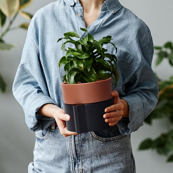 6.5 Inch Self-Watering Planter Pot with Terracotta Insert, Deep Water Reservoir, and Ceramic-Alike BPA-Free Plastic Pot for Plant, Modern Planter for Houseplants, Black/Terracotta, 53-B-S-5-CasaMuseHome