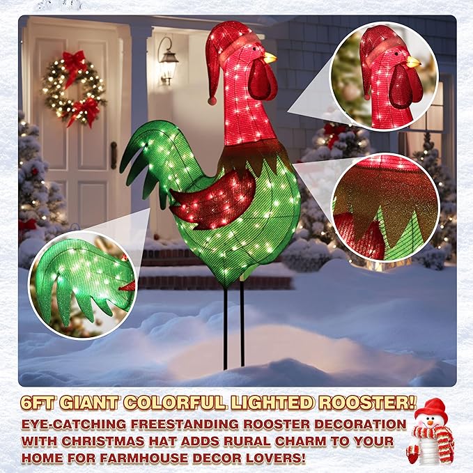 6FT Lighted Rooster with Christmas Hat for Outdoor Christmas Decorations, 3D Pre-Lit Iridescent Rooster Xmas Decor, Glittered Standing Holiday Display Rooster for Outdoor, Indoor-CasaMuseHome