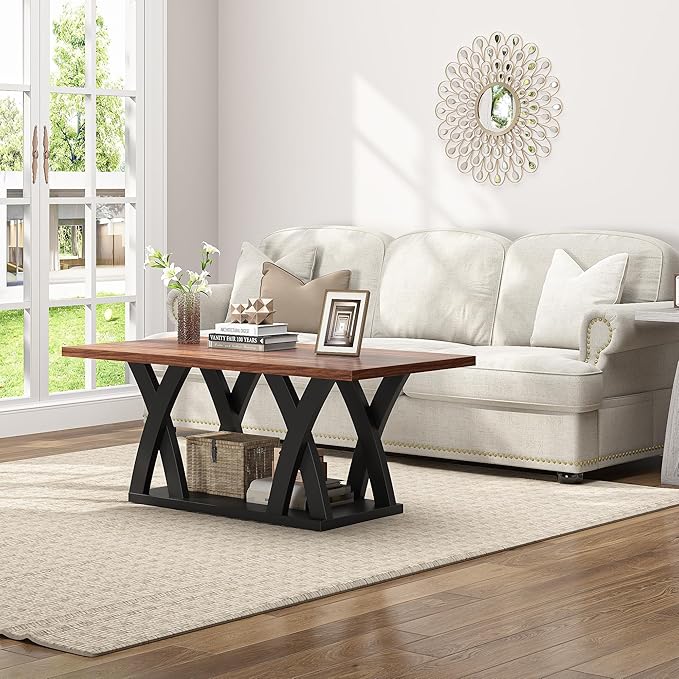 47” Wood Coffee Tables for Living Room Rustic Stands with Storage Shelf Black Blown Coffee Tables for Living Room Farmhouse Center Stands with Shelf. Farmhouse Rectangle Center Table-CasaMuseHome