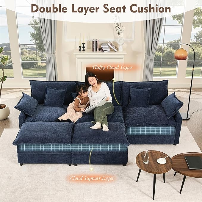 108" U Shaped Couch, Modular Sectional Sofa, 3-Seater Comfy Cloud Couch with Movable Ottoman, Deep Seat Couches for Living Room, Chenille, Navy-CasaMuseHome