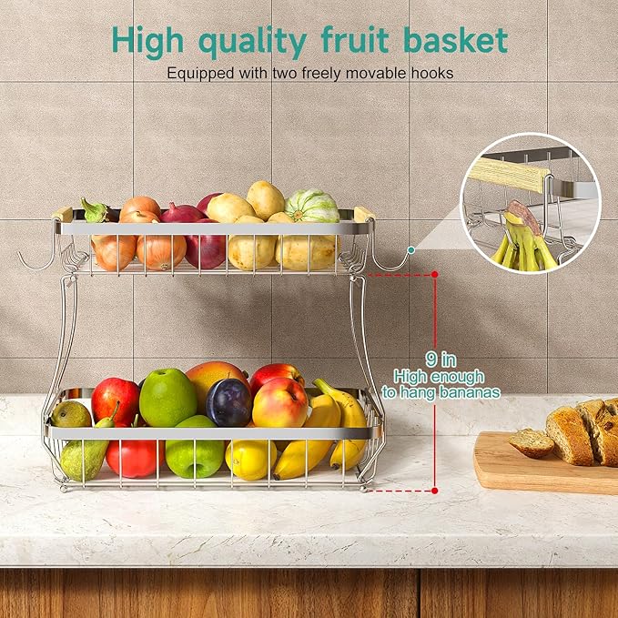 3 Tier Fruit Basket for Kitchen Counter with 2 Mobile Banana Hangers, 2025 Pro Detachable Metal Fruit Bowl with Wooden Handle, Fruit Holder for Bread Snack Veggies, Silvery-CasaMuseHome
