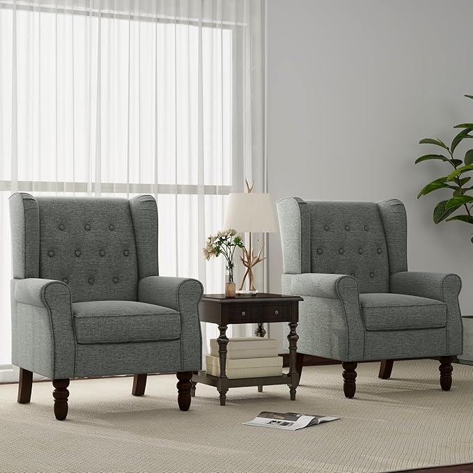 Accent Chair, Upholstered Armchair with Button Tufted High Back & Solid Wood Legs, Comfy Wingback Reading Single Sofa Chair for Small Spaces, Living Room, Bedroom (Grey, Set of 1)-CasaMuseHome